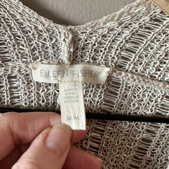 Women's M Eileen Fisher Duster Cardigan Sweater Beige Open Crochet Weave - Picture 5 of 9